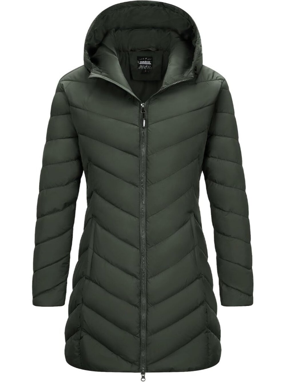 Women's Long Army Green Insulated Puffer Coat with Multifunctional Pockets